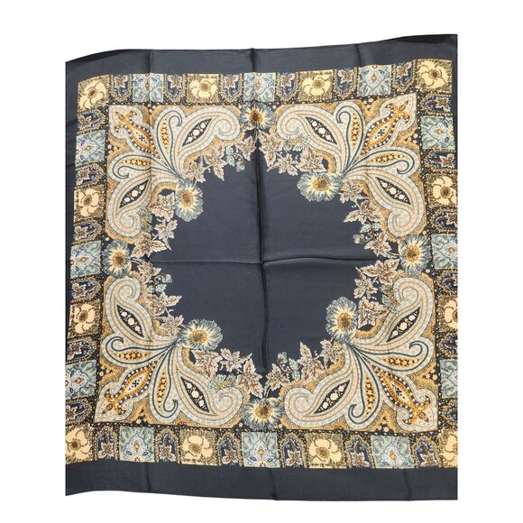 Paisley Floral Silk Scarf 27" Square Black Yellow Mint Accents Hand-Rolled - Picture 14 of 14